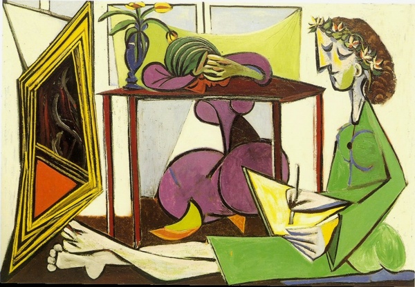 1935DeuxfemmesJeunefilledessinantdansunint淇絠eur西班牙画家巴勃罗毕加索抽象油画人物人体油画装饰画