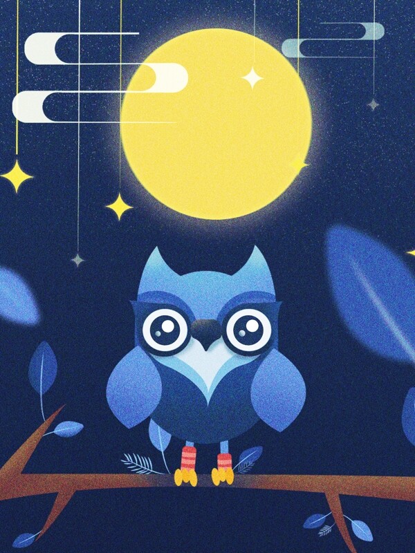 夜晚的猫头鹰在月亮下面站在树枝上噪点插画