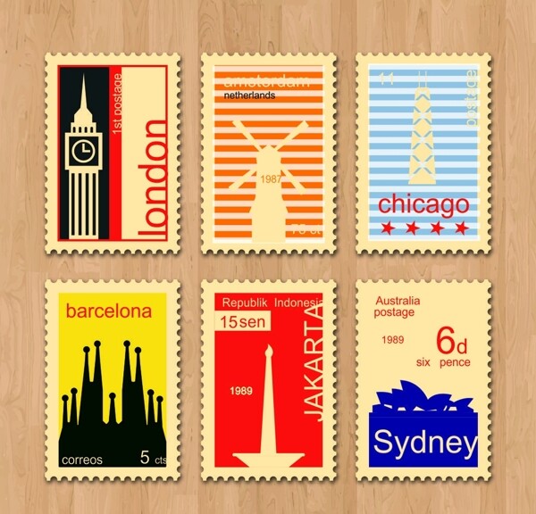 复古旅游城市邮票