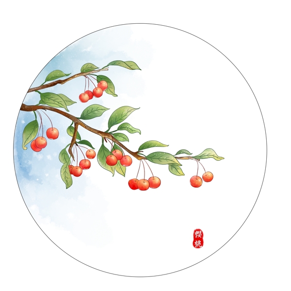 古风手绘樱桃树插画