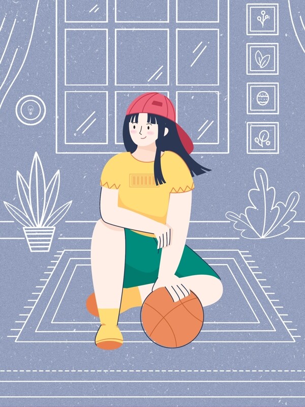 简约插画虚实象生室内篮球少女