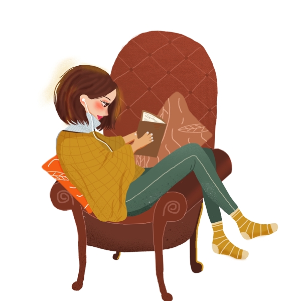 坐在沙发上看书的女孩元素设计