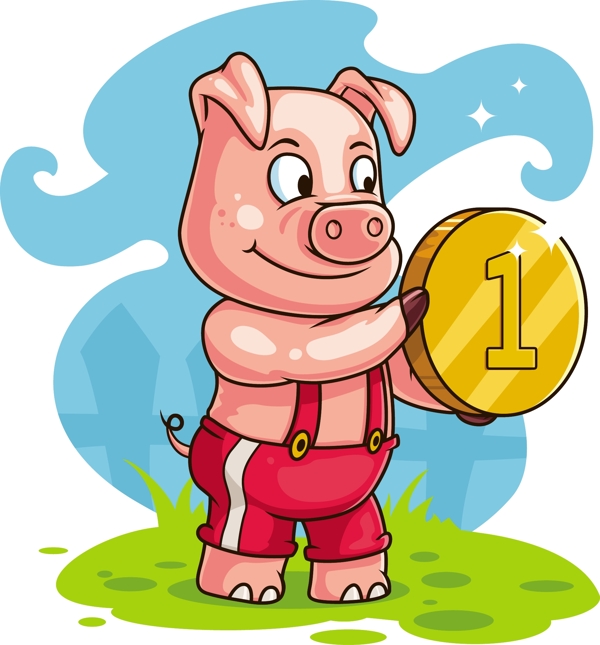 卡通拿金币的猪图片