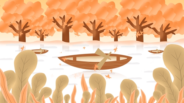 原创简约二十四节气之秋分森林小船插画