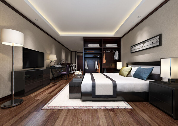 现代时尚卧室白色地毯室内设计装修效果图