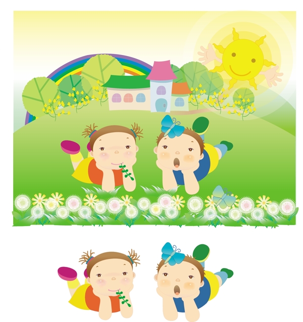 卡通背景圖片素材庫卡通圖片素材庫卡通小孩綠地背景