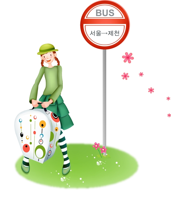 少女行李箱卡通矢量图