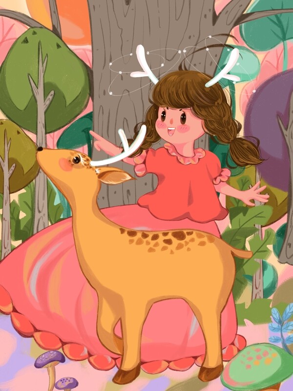 林深时见鹿治愈系烂漫女孩与鹿玩耍温馨插画