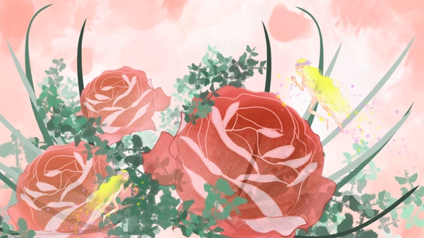 火红的玫瑰绿叶粉色卡通背景