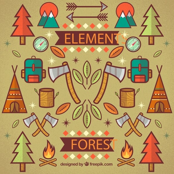 森林露营元素插画图片