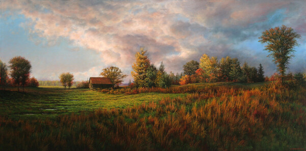 秋天美丽的田野小屋油画图片