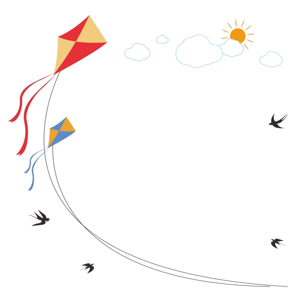 春天来啦放风筝可爱卡通矢量造型边框免抠素材
