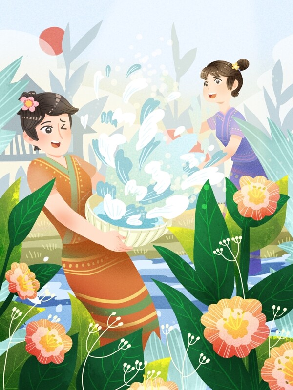 泼水节之傣族女孩互相泼水嬉戏开心小清新