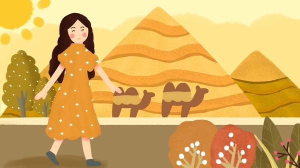 世界旅游日女孩旅行沙漠旅行手绘插画配图