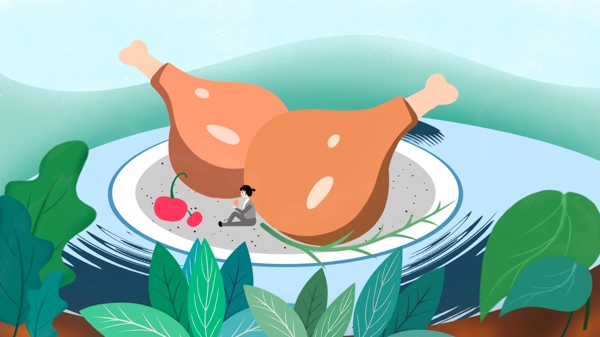 鸡腿美食物鸡肉樱桃享受美味佳肴原创插画