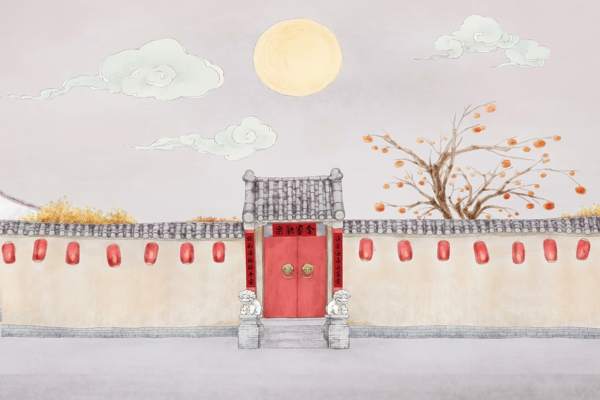 中式宅院春节民俗主题插画图片