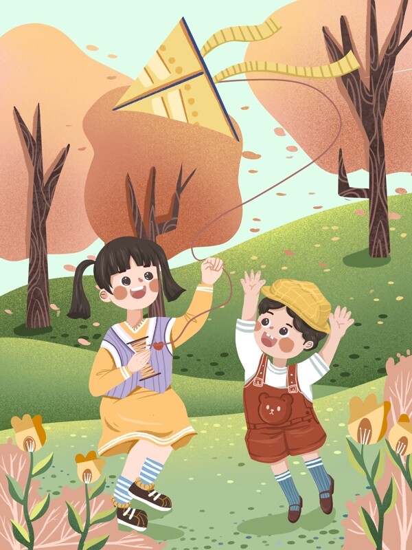春天兒童放風(fēng)箏小清新插畫