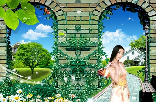 磚墻綠葉風(fēng)景圖