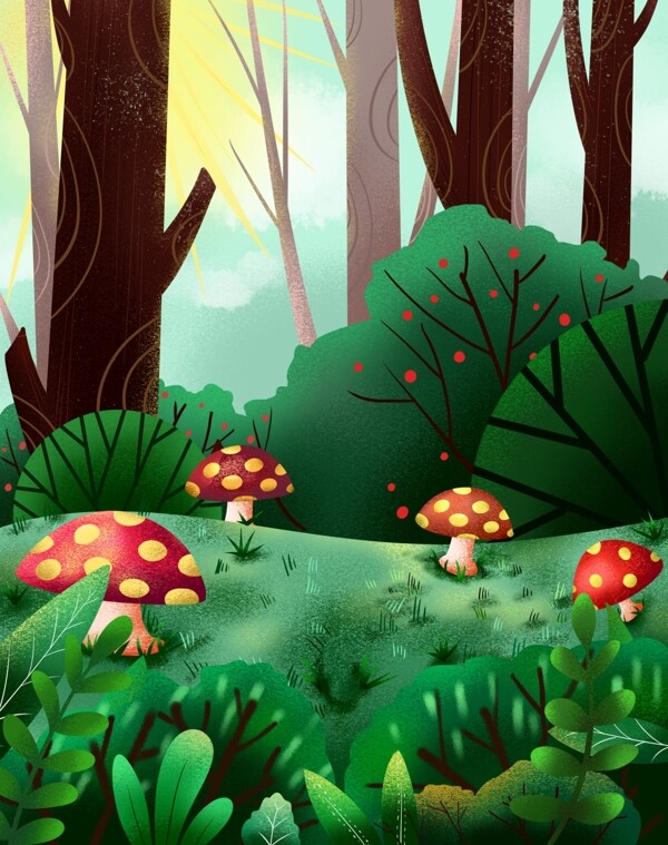 手绘春季树林蘑菇背景设计