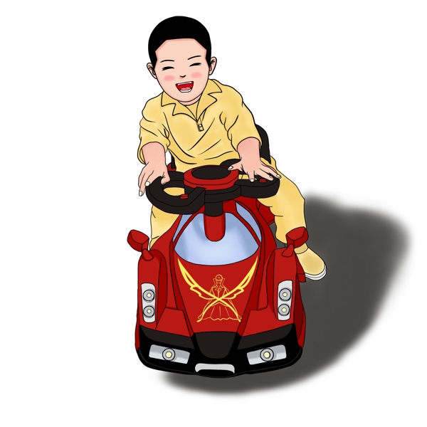 儿童节卡通插画开玩具车的小男孩