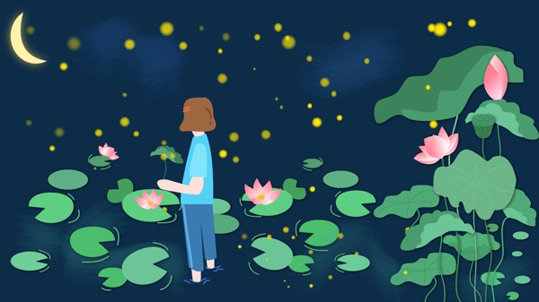夏天夜晚月光荷塘螢火矢量插畫