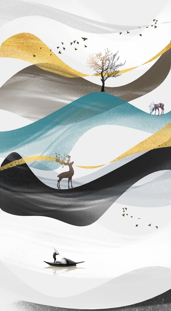 中式抽象线条麋鹿装饰画
