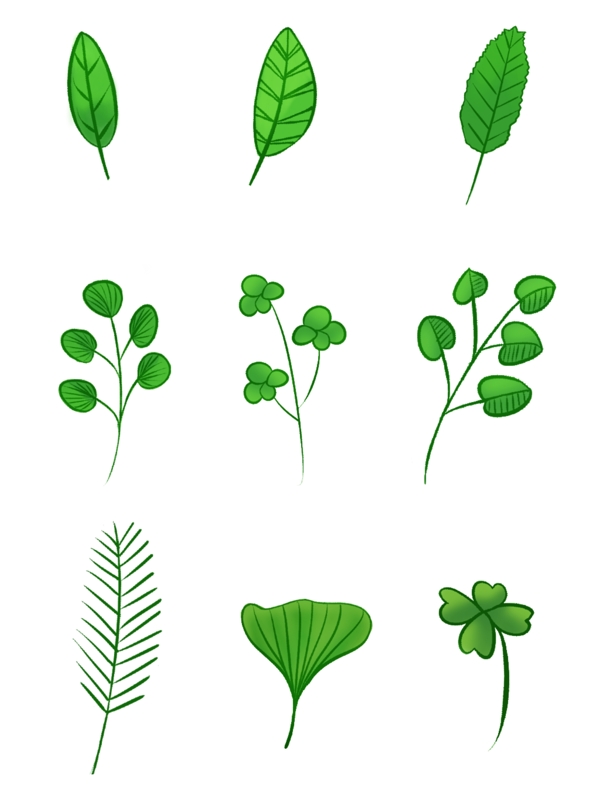 手绘风植物绿叶套图元素设计