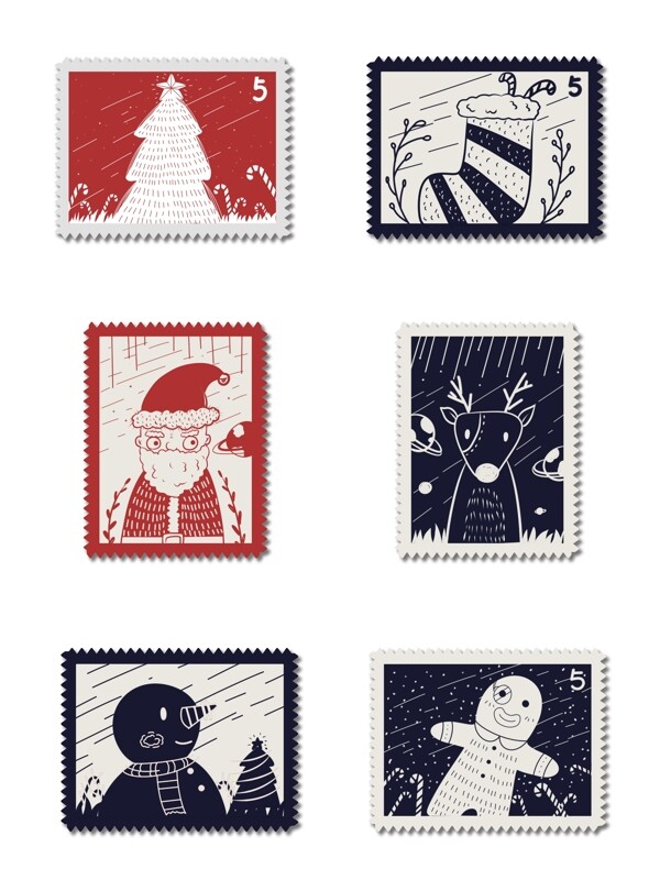 商用手绘圣诞邮票小贴纸圣诞节节日驯鹿