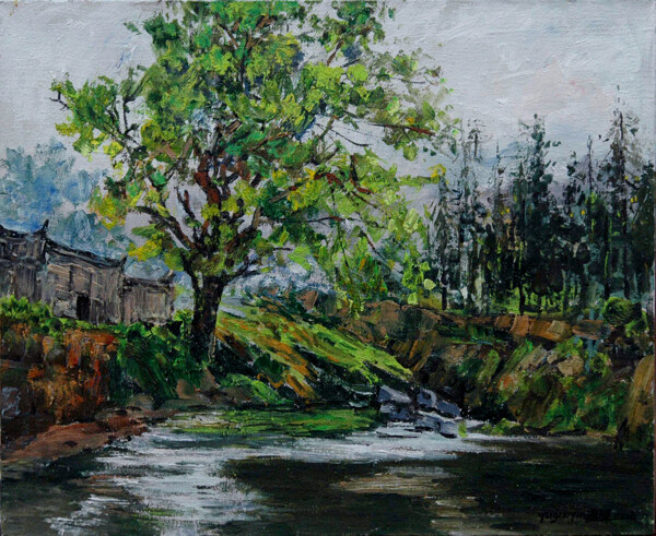 木屋前的绿树和溪流油画图片
