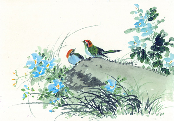 國(guó)畫枝頭飛鳥圖片