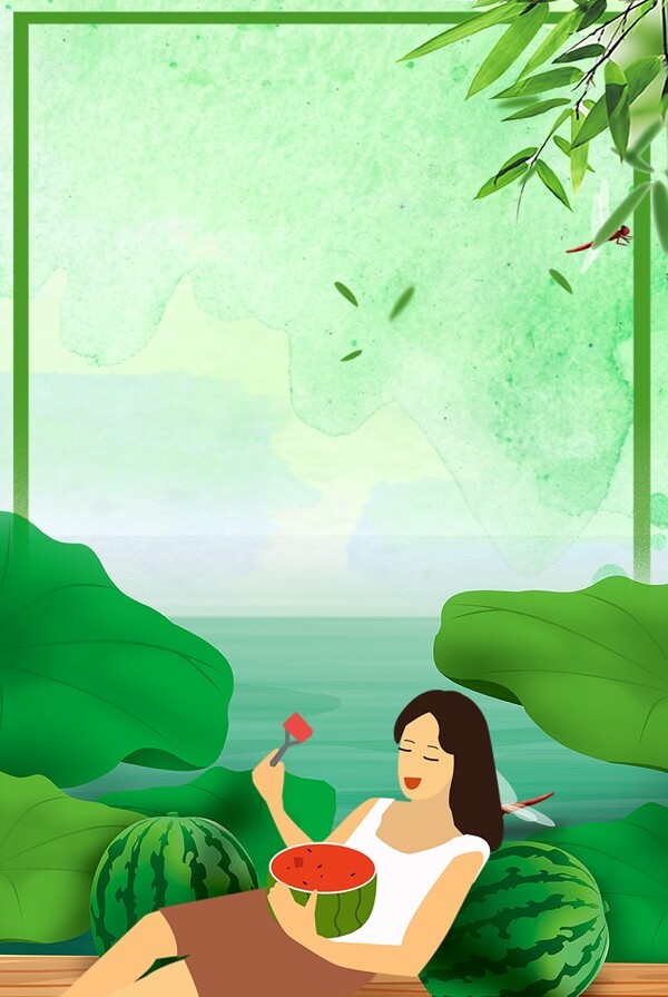 夏日手绘美女吃西瓜悠闲荷塘景色广告背景