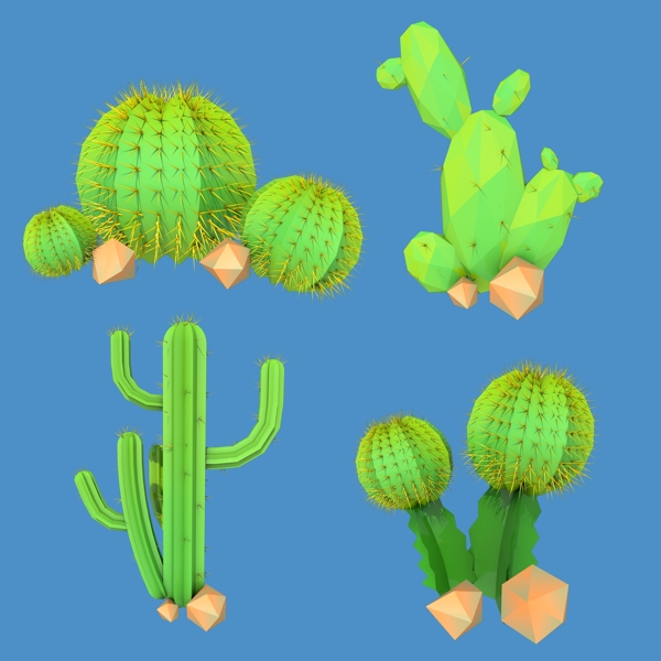 仙人掌仙人球植物简约卡通3D立体电商素材