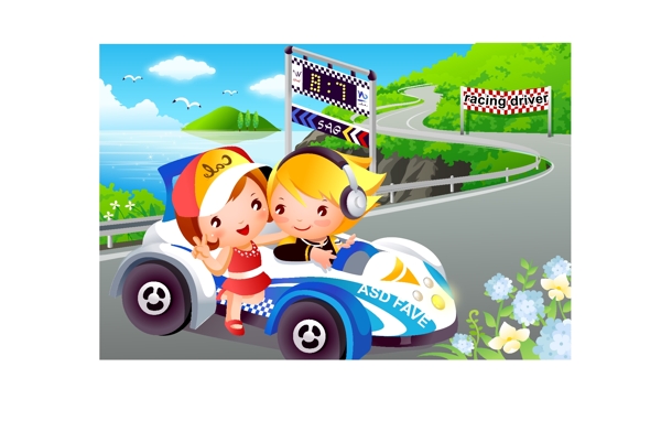 兒童賽車運動矢量素材圖片