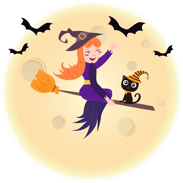 手绘卡通月亮前驾驶扫把飞行的女巫和黑猫可商用元素