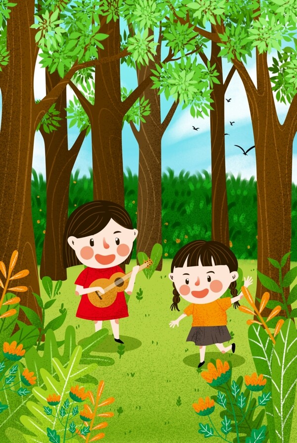 树林里玩甩的2个女孩儿童节背景图