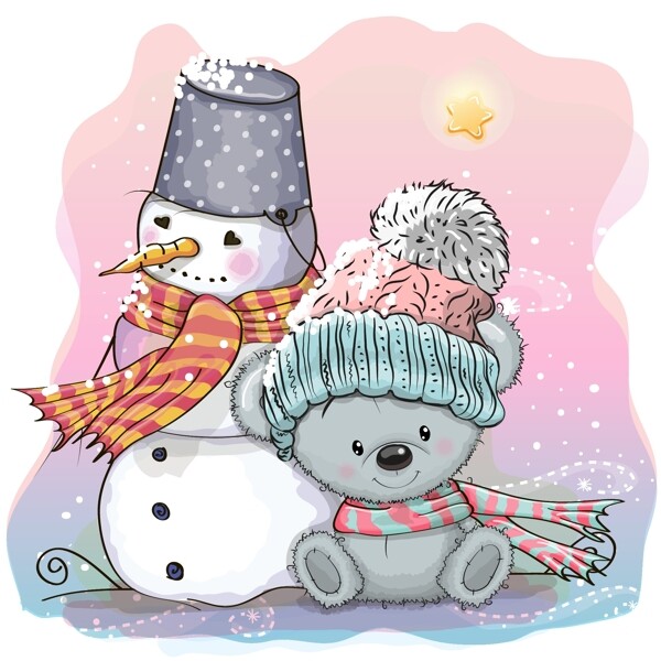 卡通冬季雪人和熊