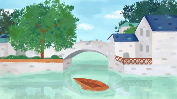 水彩绘小清新古镇拱桥小船插画背景