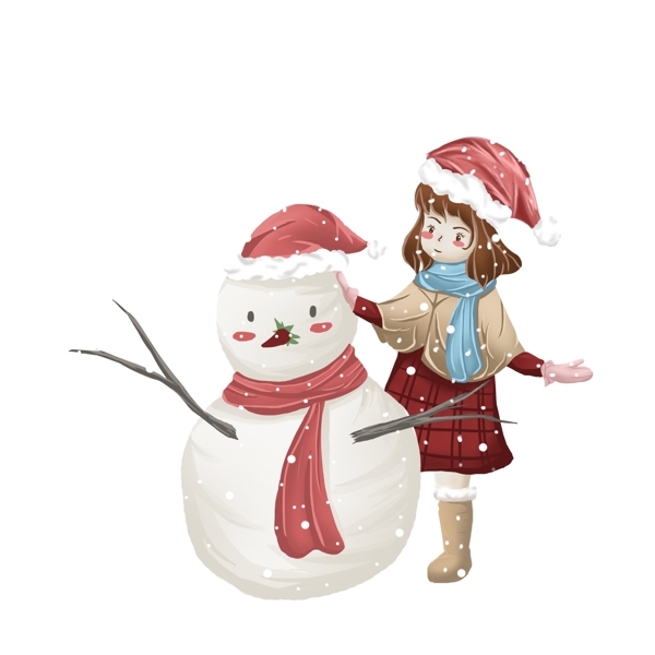 圣诞节清新唯美大雪中堆雪人的女孩设计