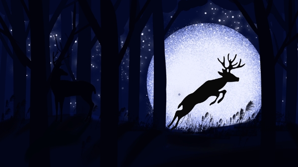 晚安你好月光下的跳跃的鹿治愈插画海报配图