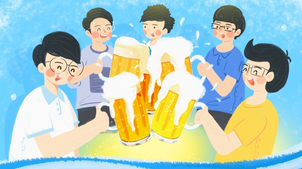 学生聚会喝啤酒干杯的卡通背景