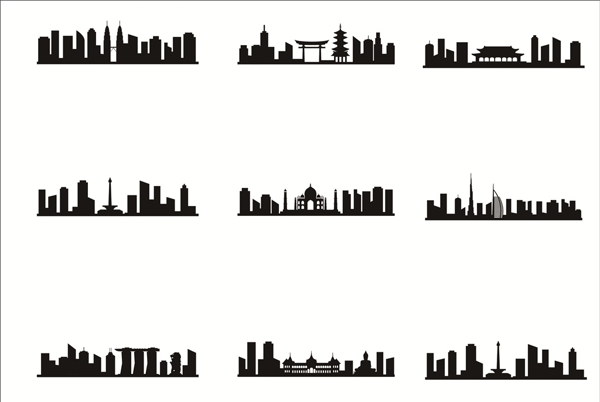 手绘黑色城市建筑剪影素材