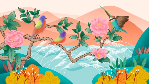 山水花鸟风景卡通背景