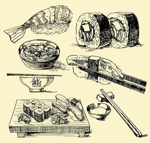 日本料理線條插畫(huà)矢量圖