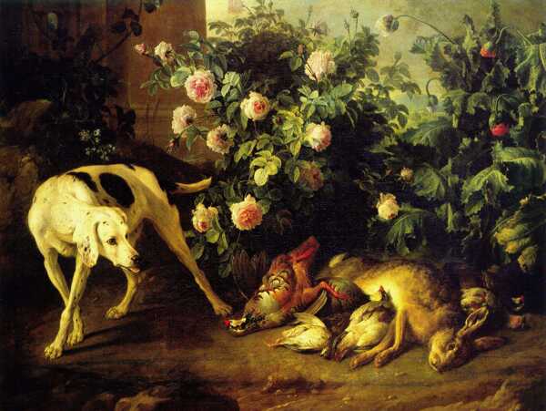 狗与鲜花油画背景图片