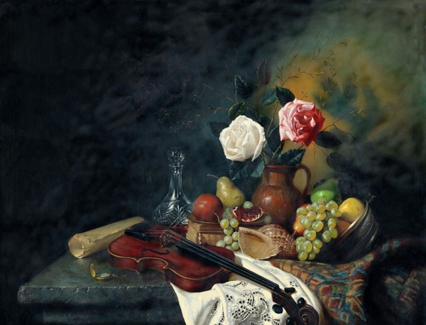 水果玫瑰小提琴油画图片