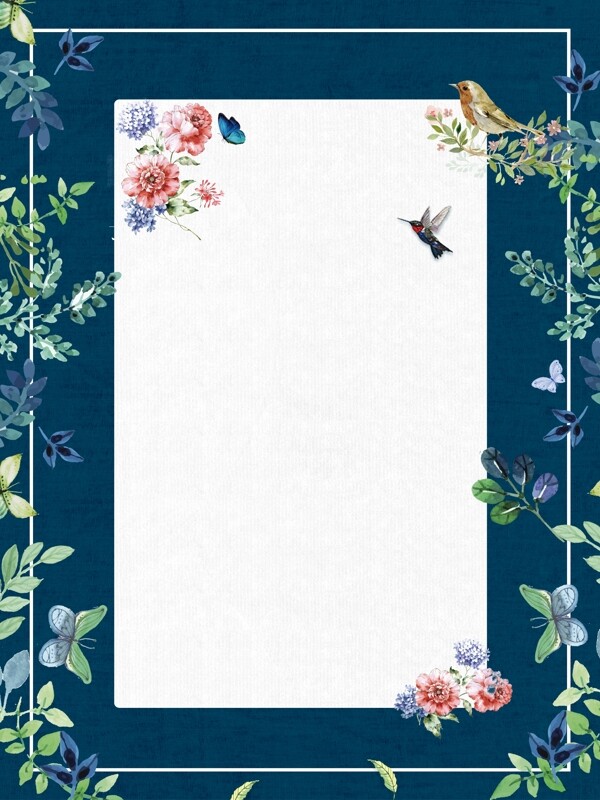 绿叶边框深蓝底纹花朵喜鹊背景素材