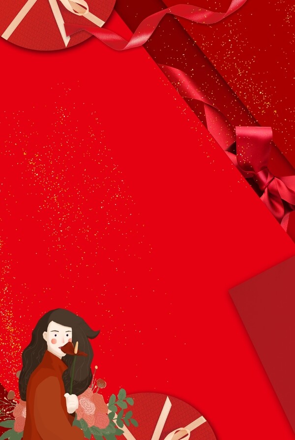 红色简约剪纸风文艺女生节背景