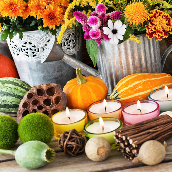 花盆喷壶与蔬菜水果蜡烛