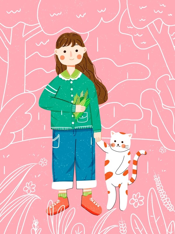 春天春分谷雨女孩牽著貓咪