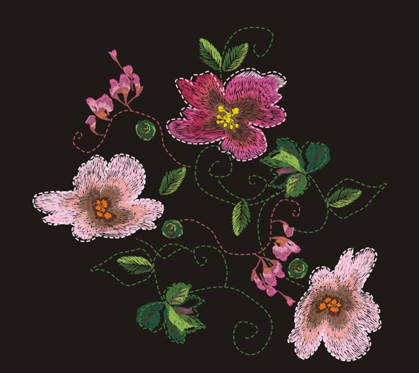 花朵花卉绿叶刺绣图案下载